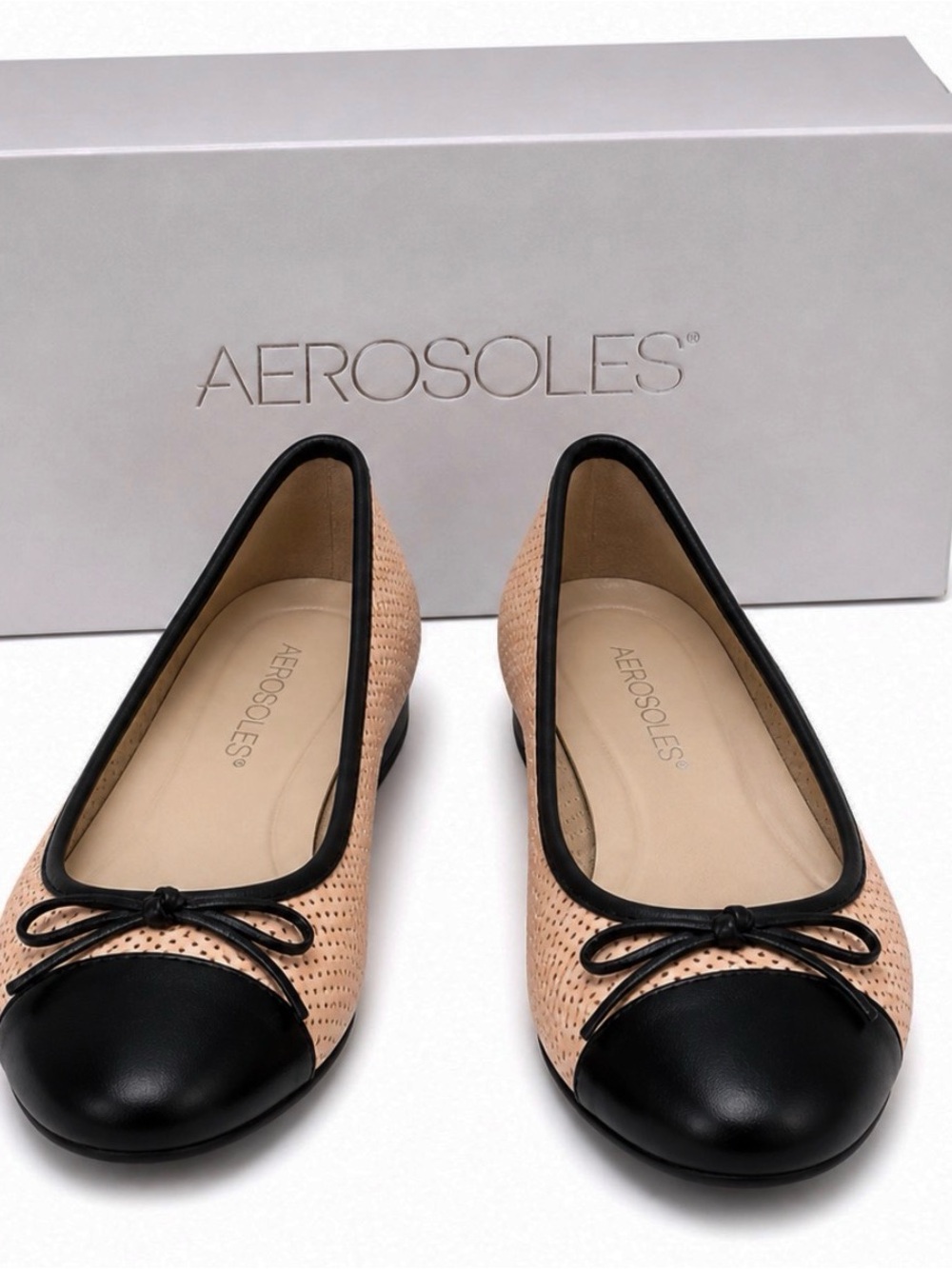 AEROSOLES Blush Perforated Ballet Flat with Black Cap Toe and Trim - Picture 2 of 5